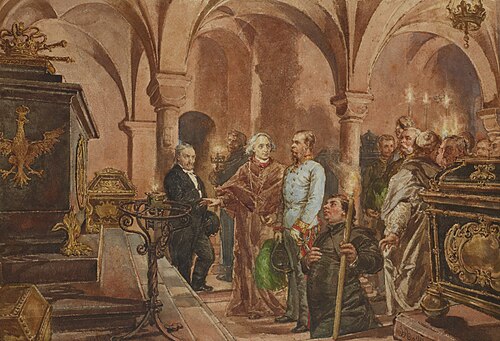 Cesarz przed sarkofagiem króla Jana III Sobieskiego w krypcie św. Leonarda w katedrze na Wawelu, 1881, Jan Matejko
