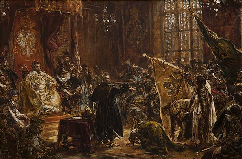 Tsars Shuyski brought by Żółkiewski to the Warsaw Sejm in front of Zygmunt III, 1892, Jan Matejko