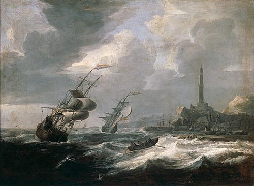 Seascape with lighthouse of Genoa, 1700, Jan Theunisz. Blanckerhoff