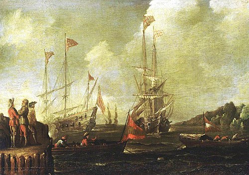 Harbour Scene: Spanish Ships Approaching a Jetty, , Sebastian Castro