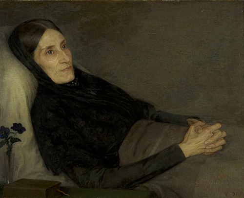 Portret van Elisabeth Ragazzi (van de Poll) - van den Wall Bake (1839-1899) op haar ziekbed, 1897, Jan Veth