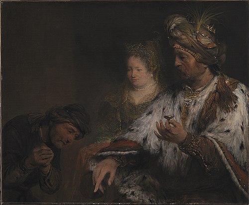 Den persiske kong Ahasverus giver Mordokaj ringen, 1683, Arent de Gelder