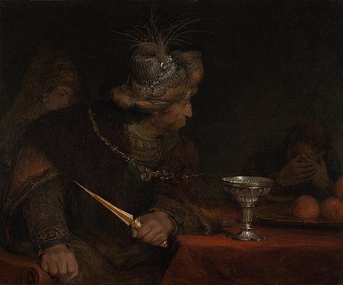 King Ahasuerus condemning Haman, 1680, Arent de Gelder