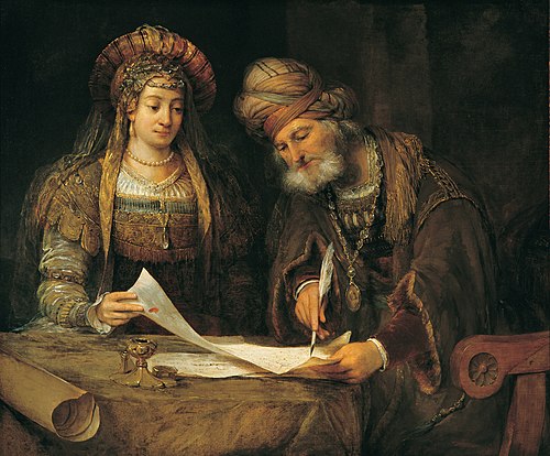 Ester y Mardoqueo escribiendo la primera carta del Purim (Ester, 9:20-21), 1700, Arent de Gelder