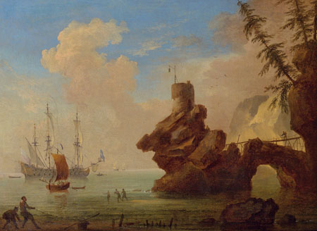 Kustlandschap met een vuurtoren op rotsen gebouwd; in de voorgrond halen vissers een net binnen, 1688, Adriaen van Diest
