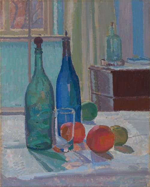 Blue and Green Bottles and Orange, 1914, Spencer Frederick Gore