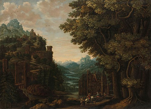 Mountainous landscape with river valley and castles, 1661, Jan Meerhout
