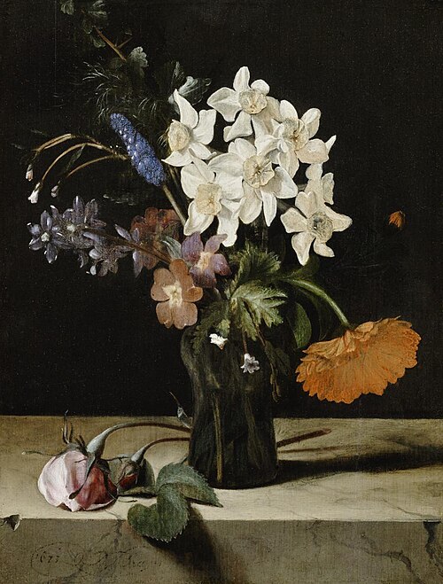 Narzissen und andere Blumen in Glasvase auf einer Marmorplatte, 1673, Dirck Bray