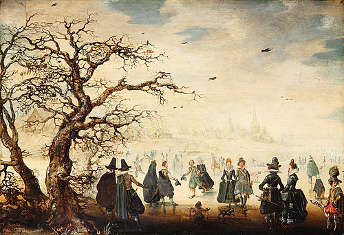 Winter landscape with elegant figures ice-skating, 1615, Adam van Breen
