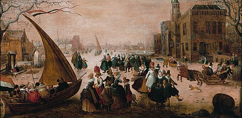 Winter landscape with numerous elegantly-dressed figures skating on a frozen river, with an ice yach, 1610, Adam van Breen