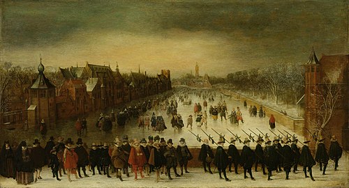 The Vijverberg, The Hague in winter, with Prince Maurits and his retinue in the foreground, 1618, Adam van Breen