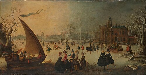 Landscape with frozen canal, skaters and an ice-boat, 1611, Adam van Breen