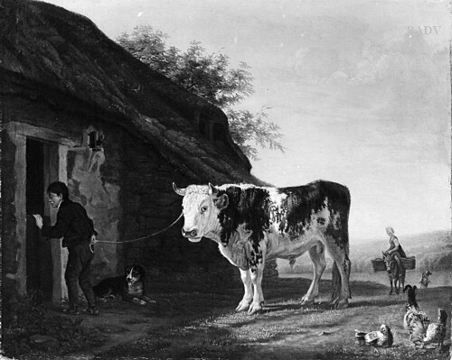 Stier mit Hüterjungen und Hund vor dem Stall, 1799, Max Josef Wagenbauer