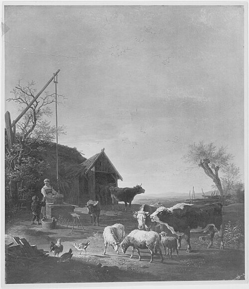Stallaustrieb mit Bäuerin am Brunnen, 1816, Max Josef Wagenbauer