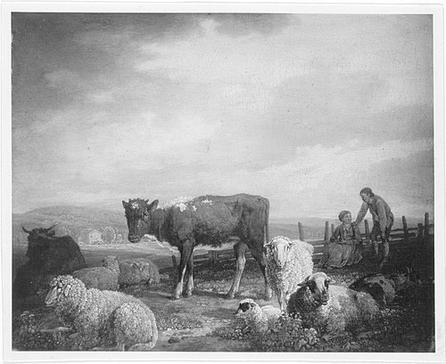 Kalb und Schafe auf der Weide, 1805, Max Josef Wagenbauer