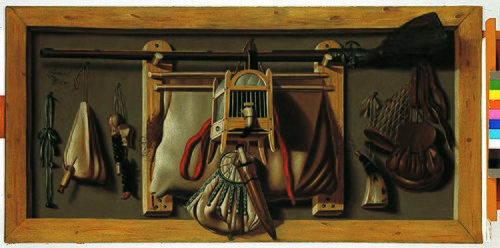 Stilleven met geweer en andere jachtattributen, 1665, Johannes Leemans