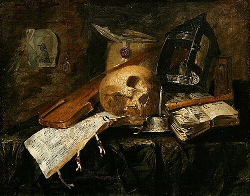 Still life with skull and violin, , N.L. Peschier