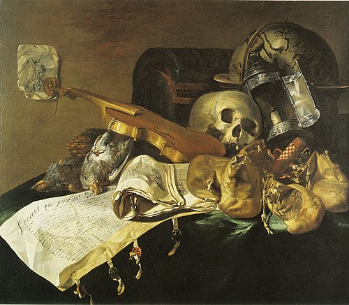 Skull, Money Bags, and Documents, 1661, N.L. Peschier