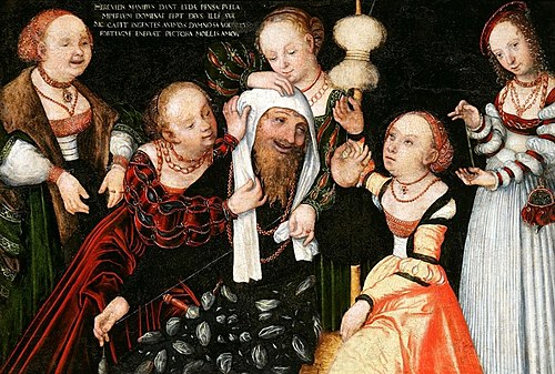 Le roi Sigismond Ier, sa femme et ses quatre filles comme Hercule et Omphale, 1537, Lucas Cranach l'Ancien