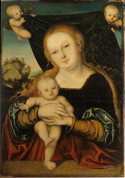 Virgin and Child behind a Sill, before a Hanging held by Two Angels, , Lucas Cranach l'Ancien
