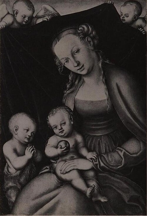 Virgin and Child adored by St John as a boy, before a drape, 1540, Lucas Cranach l'Ancien