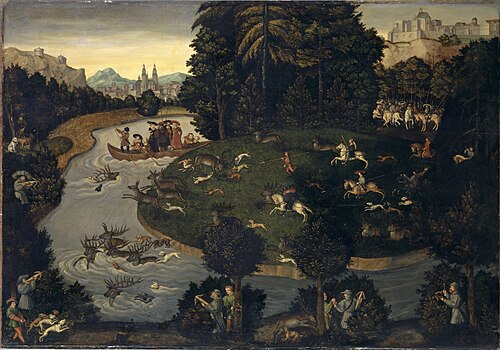 Chasse aux cerfs de Frédéric le Sage avec l'empereur Maximilien I, 1600, Lucas Cranach l'Ancien