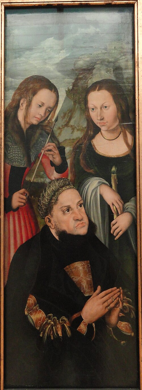 The Elector Frederic the Wise of Saxony (1463-1525) with the Saints Ursula (left) and Genevieve (rig, 1510, Lucas Cranach l'Ancien