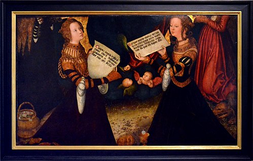 Prague Altarpiece [central panel, fragment]: St Catherine and St Barbara with fragments of the figur, 1520, Lucas Cranach l'Ancien