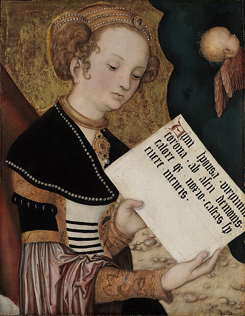 Prague Altarpiece, Female saint (Agnes?) with a page, 1521, Lucas Cranach l'Ancien