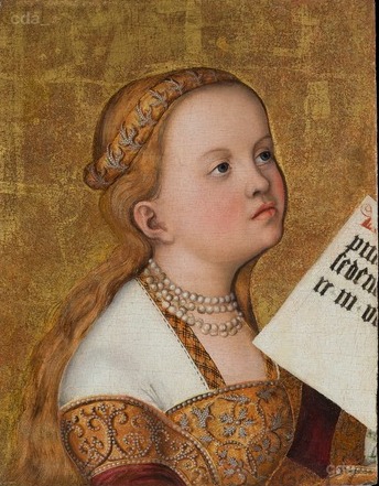 Prague Altarpiece [left wing, fragment]: Female Saint (Apollonia?), 1520, Lucas Cranach l'Ancien