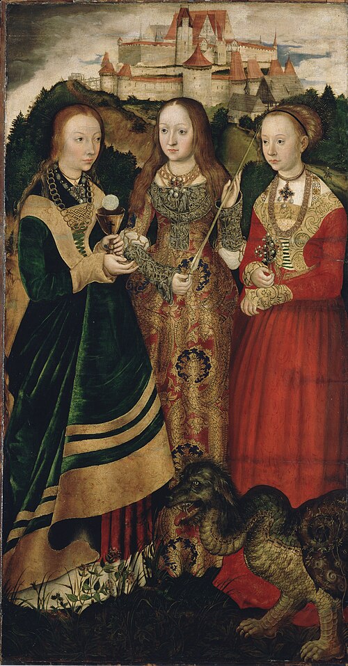 Altarpiece with the Martyrdom of St Catharine: St Barbara, St Ursula, St Margaret [right wing, recto, 1506, Lucas Cranach l'Ancien