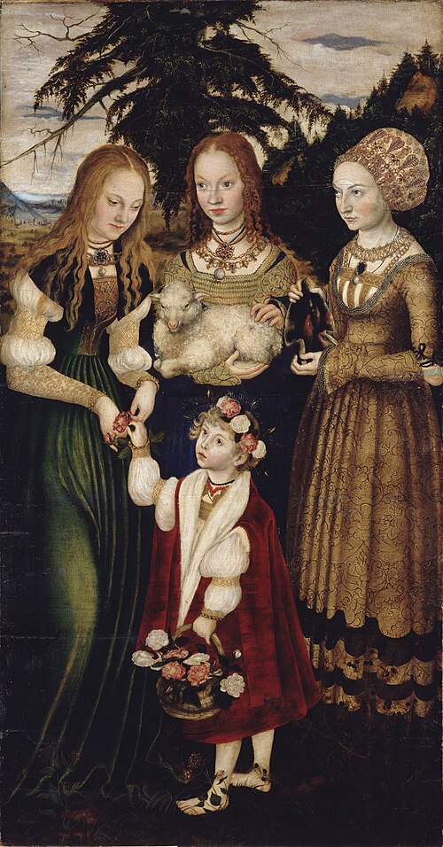 Altarpiece with the Martyrdom of St Catharine: St Dorothea, St Agnes, St Kunigunde [left wing, recto, 1506, Lucas Cranach l'Ancien