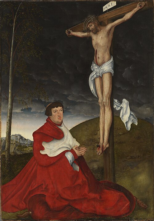 Le cardinal Albrecht von Brandenbourg devant la Crucifixion, 1520, Lucas Cranach l'Ancien