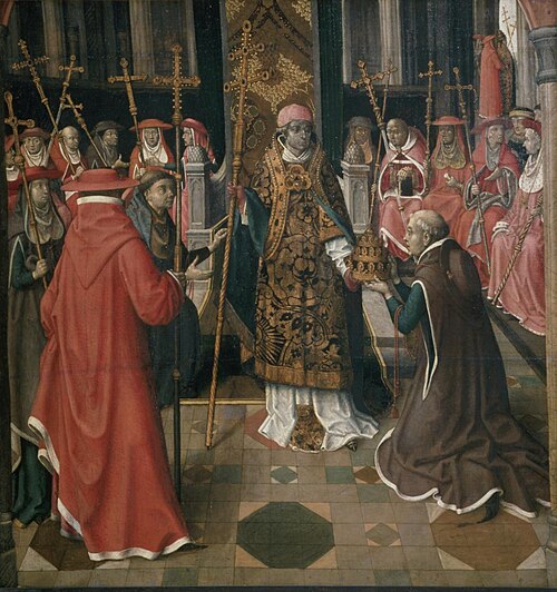 Pope Cyriacus gives the papal tiara to his successor, 1494, Master of the Cologne legend of St. Ursula