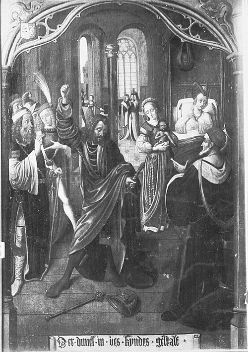 St. Laurence exchanged at birth for a monster, by the devil, 1501, Master of the Cologne legend of St. Ursula