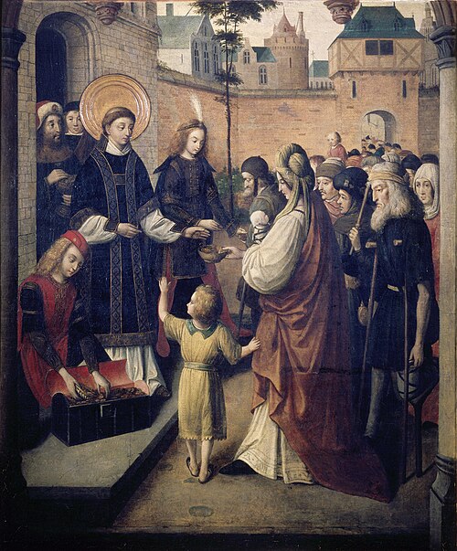 Laurence distributes the Treasures of the Church among the People, 1501, Master of the Cologne legend of St. Ursula