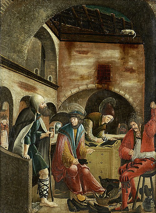 Die Heiligen Crispinus und Crispinianus in ihrer Schusterwerkstatt, 1520, Master of the Crispin Legend