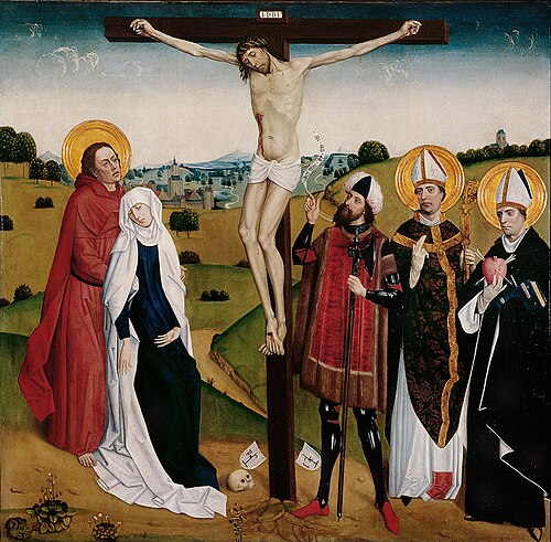 Christus am Kreuz zwischen Heiligen, 1490, Maître de la Légende de saint Georges