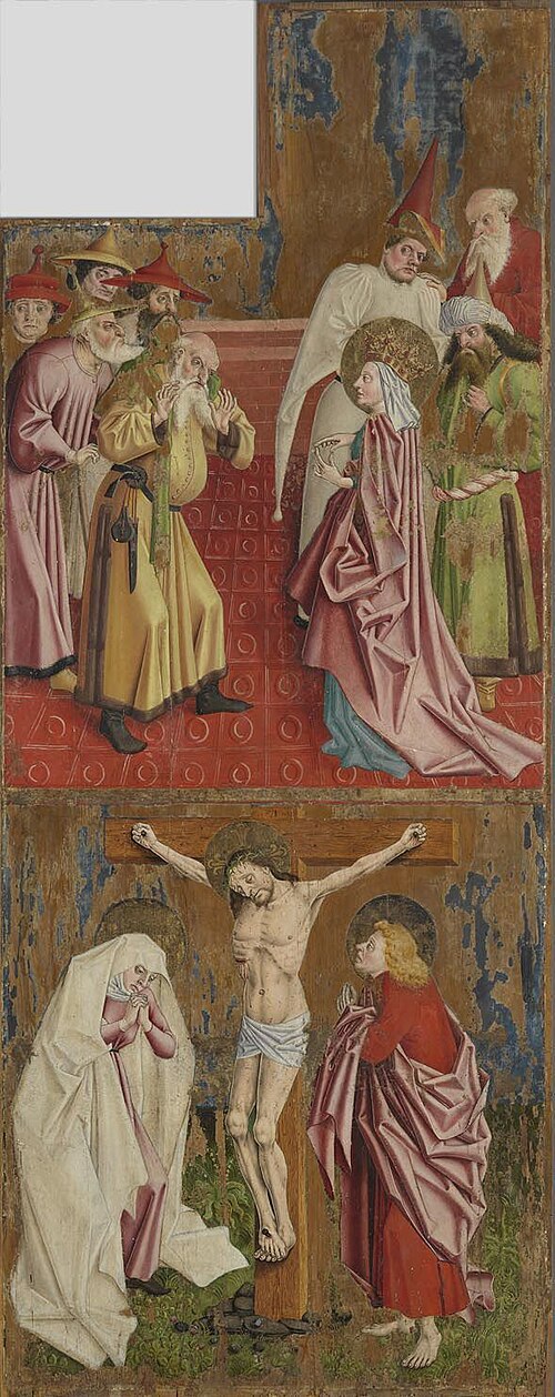 Kreuzaltar, Flügelaußenseite: Die Kaiserin Helena befragt die Juden und Kreuzigung Christi, 1450, Meister der Pollinger Tafeln