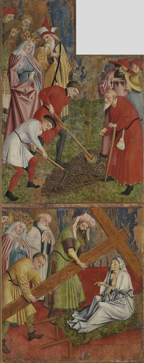 Kreuzaltar, Flügelaußenseite: Kaiserin Helena findet das wahre Kreuz Christi und Erprobung des Kreuz, 1450, Meister der Pollinger Tafeln