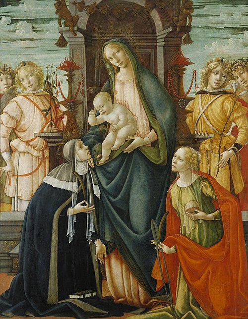 Enthroned Madonna and Christ Child with Angels, Saints Paula and Agatha, 1500, Master of Stratonice
