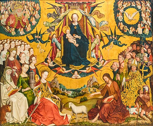 Die Verherrlichung Mariae mit den Heiligen Brigida, Ursula, Barbara, Magdalena, Katharina, Johannes , 1470, Maître de la Glorification de Marie