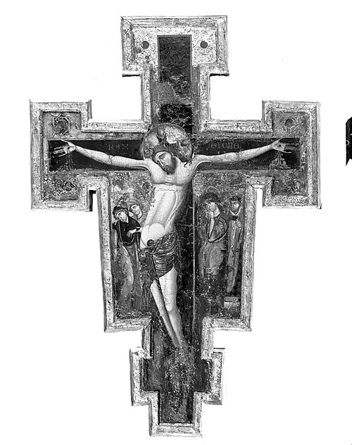 Crucifix (left apron: Virgin and Saint Mary Magdalene; right apron: Saints John the Evangelist and L, 1275, Master of Saint Clare