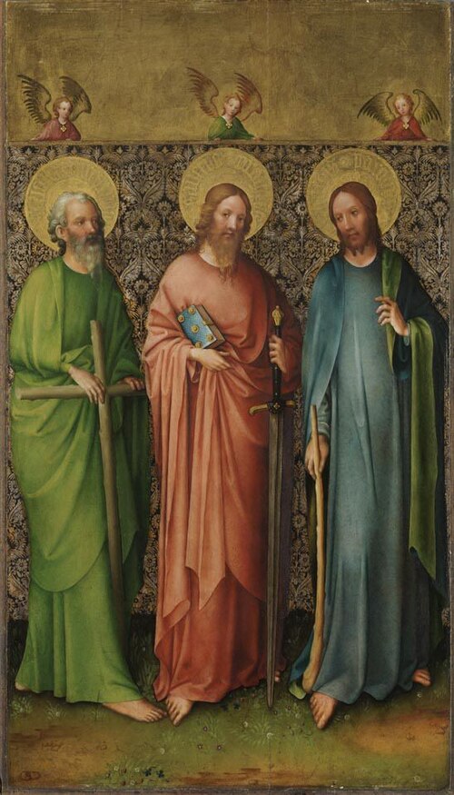 Kreuzigungsaltar: Apostel Philippus, Matthäus und Jacobus d. J. Rückseite: Hl. Christophorus (mit St, 1435, Maître du Retable de Heisterbach