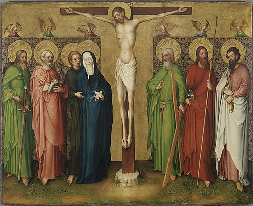 Christ on the cross, Mary and the apostles Jacob, Peter, Andrew, Thomas and Bartholomew, 1435, Maître du Retable de Heisterbach