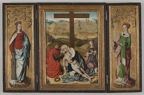 Triptych with The Lamentation of Christ (center), St. Barbara (left wing), St. Catherine of Alexandr, 1500, Master of the Krainburg Altar