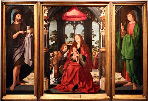 Triptych of the Virgin with the Child and Angels, St. John the Baptist and St. John the Evangelist, 1500, Maître du Triptyque Morrison