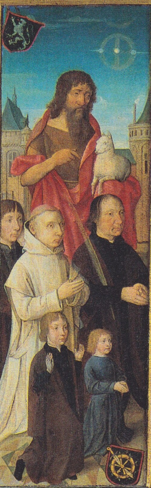 Portrait of Dirck van Heemskerck van Beest (....-1545) with his sons and St. John the Baptist, 1500, Maître de Delft