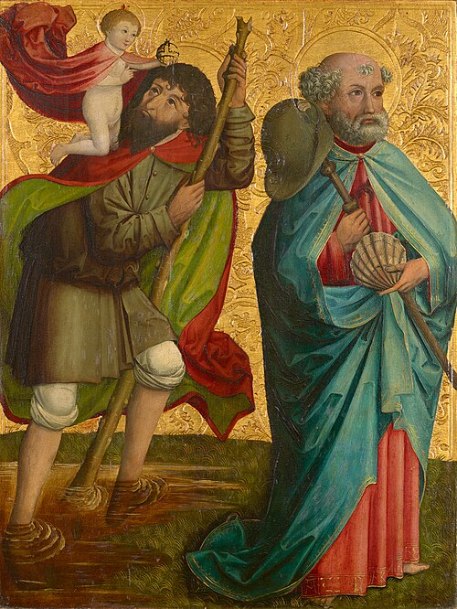 Linker Flügel des sog. Pretschlaipfer-Triptychons: Hll. Christophorus und Jakobus Major (Innenseite), 1480, Meister von Großgmain