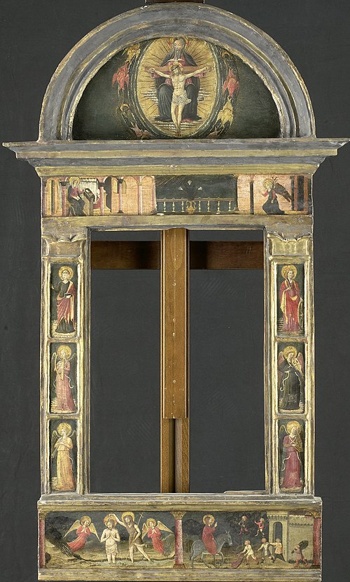 Frame painted with the annunciation, the baptism of Christ, the entry into Jerusalem, the Saints Cec, 1450, Giovanni di Francesco